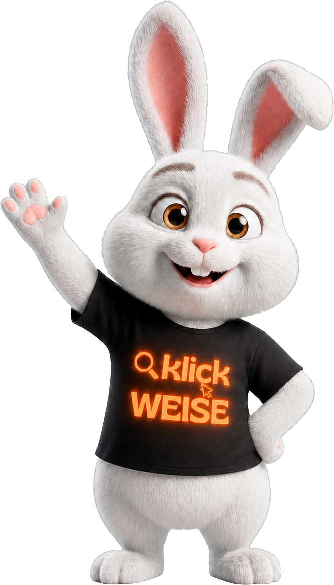 Der freigestellte Klickweise-Hase begrüßt Menschen, die einen Marketing-Begriff nachschlagen möchten.