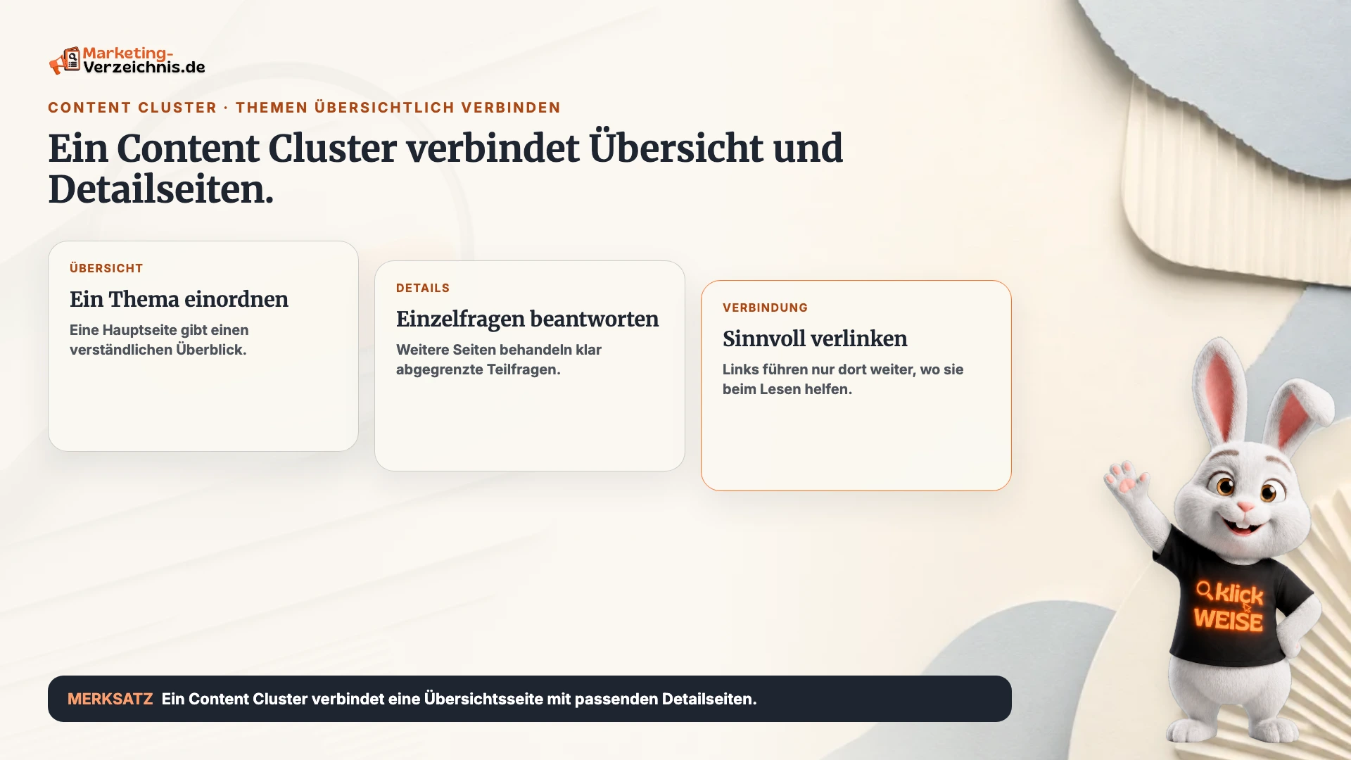 Content Cluster einfach erklärt: Eine Übersichtsseite verbindet sich mit Detailseiten zu einem Thema.