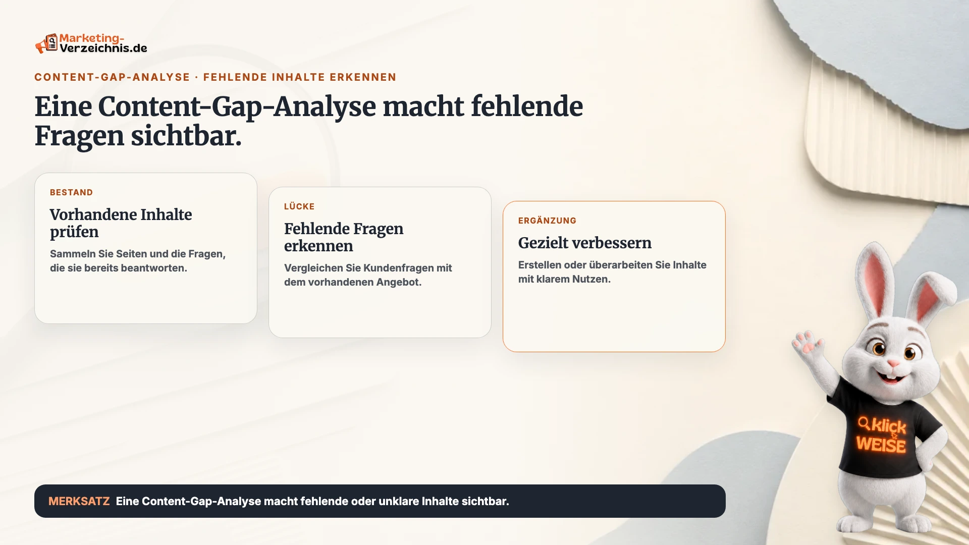 Content-Gap-Analyse einfach erklärt: Vorhandene Inhalte prüfen, Lücken erkennen und gezielt ergänzen.