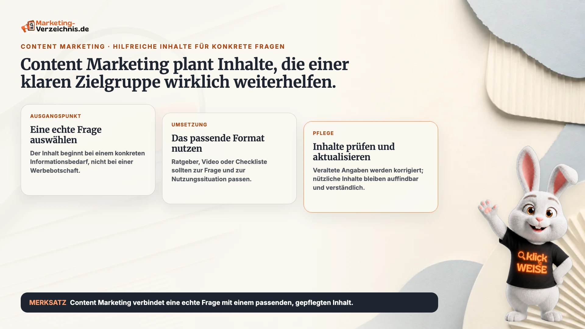 Content Marketing einfach erklärt: Inhalte beantworten konkrete Fragen einer Zielgruppe.
