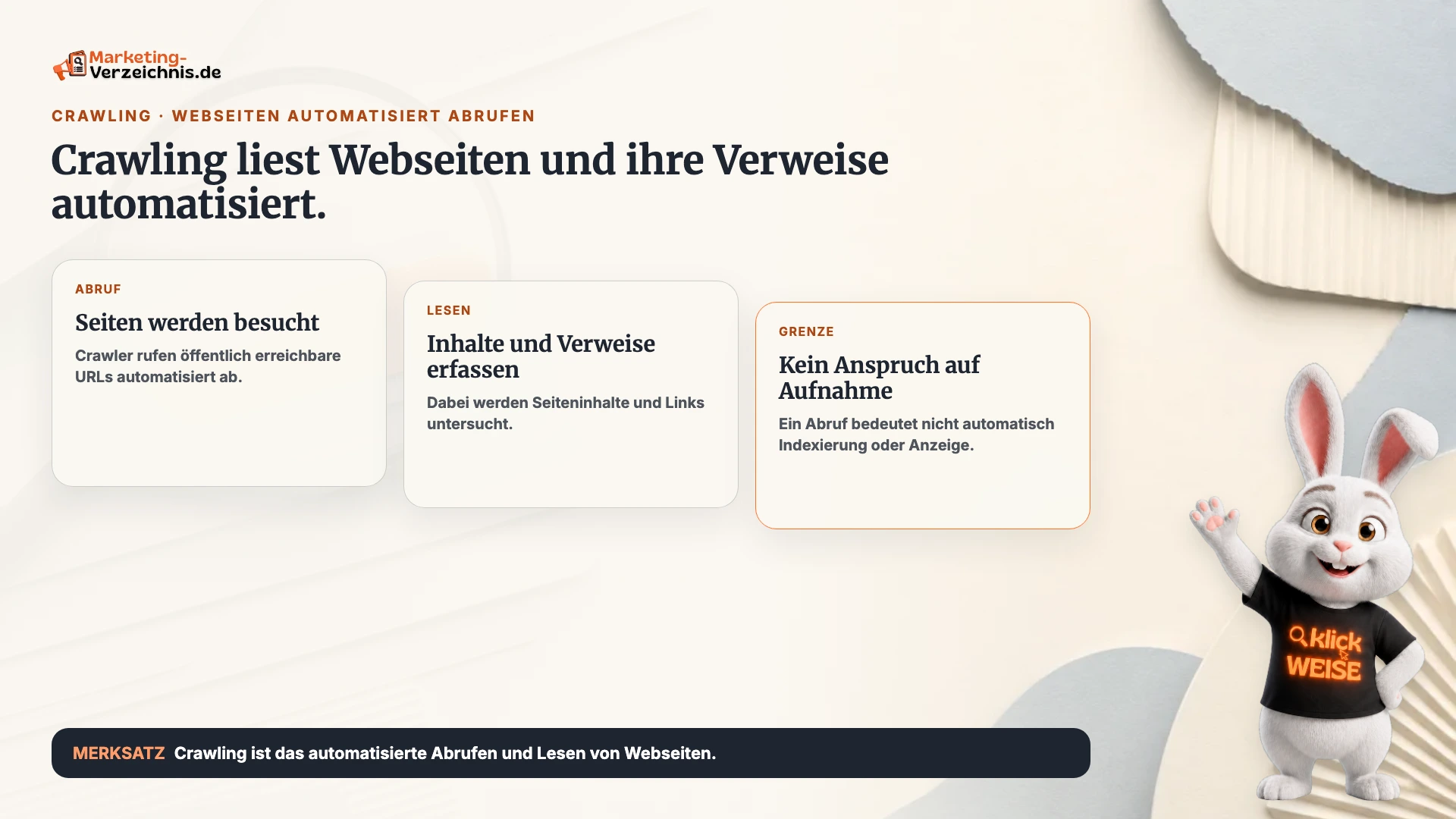 Crawling einfach erklärt: Automatisierte Systeme rufen Webseiten, Inhalte und Links ab.