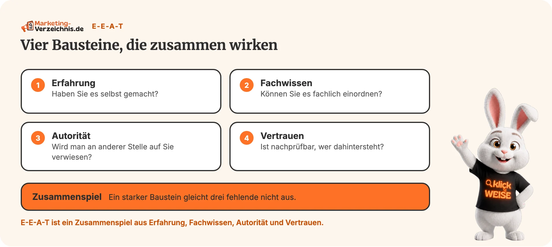 Textschaubild mit den vier Bausteinen Erfahrung, Fachwissen, Autorität und Vertrauen.