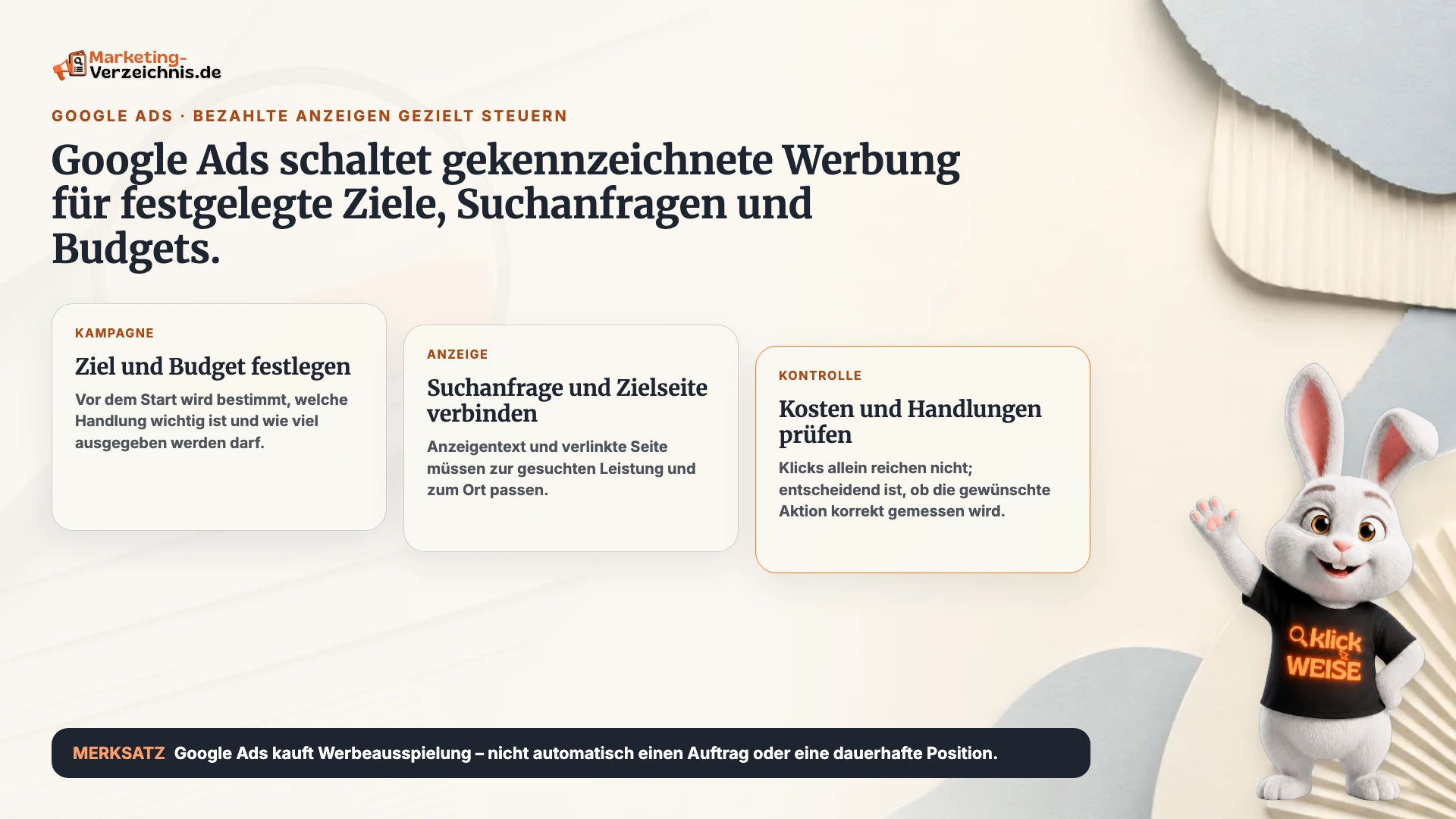 Google Ads einfach erklärt: Ziele und Budget steuern bezahlte, gekennzeichnete Anzeigen bei Google.