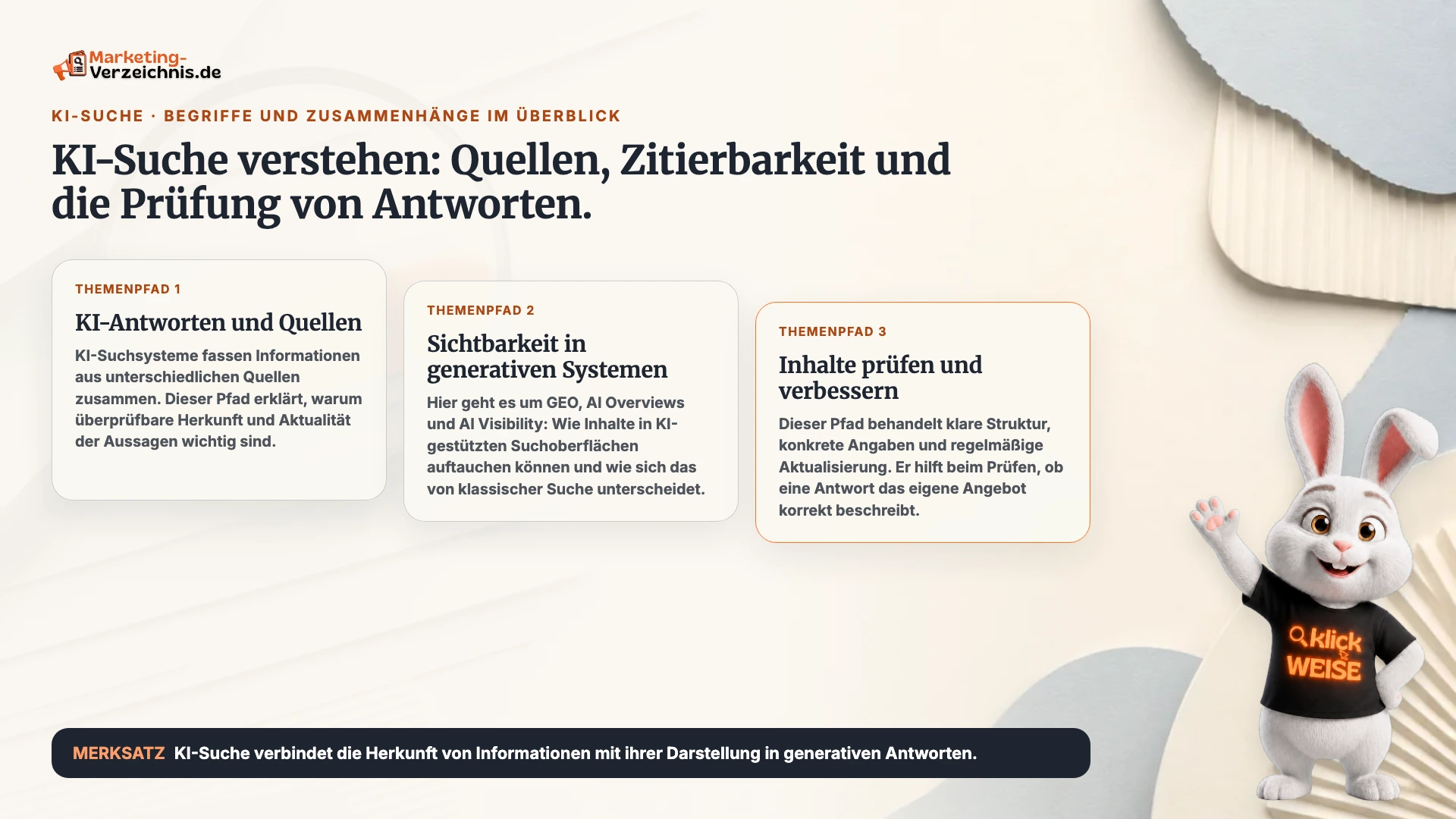 Schaubild zu KI-Suche mit den Themenpfaden Quellen für KI-Antworten, Sichtbarkeit in generativen Systemen und Inhaltsprüfung.